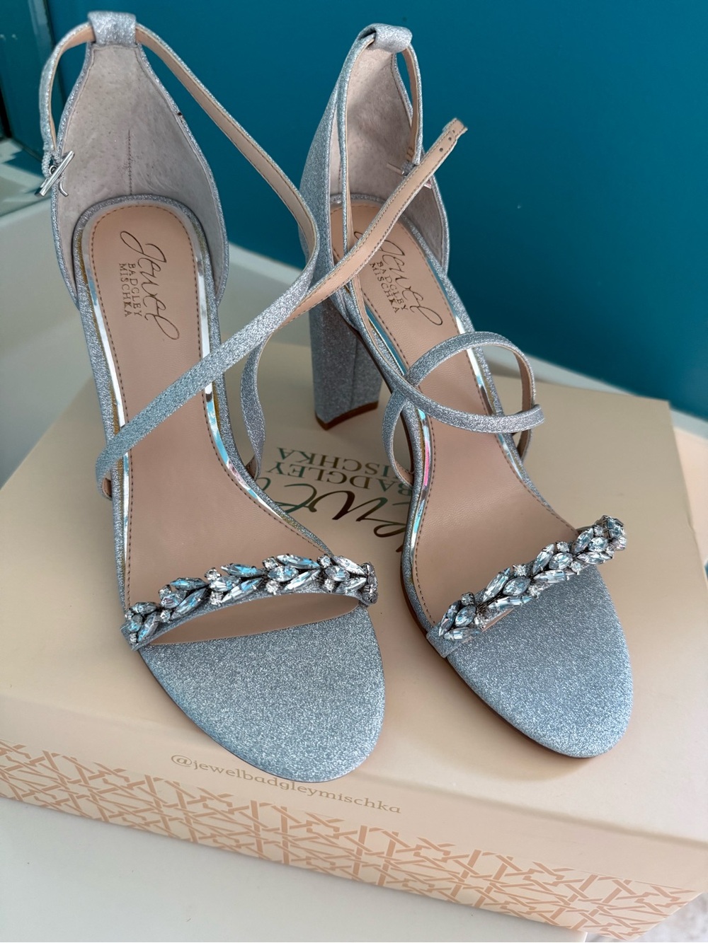 Badgley Mischka Daphne Silver Crystal-Strap Glitter Block Heels